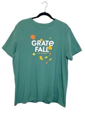 LIFE IS GOOD Men's Crusher Grate Fall Leaves Green Cotton T-Shirt Size Large